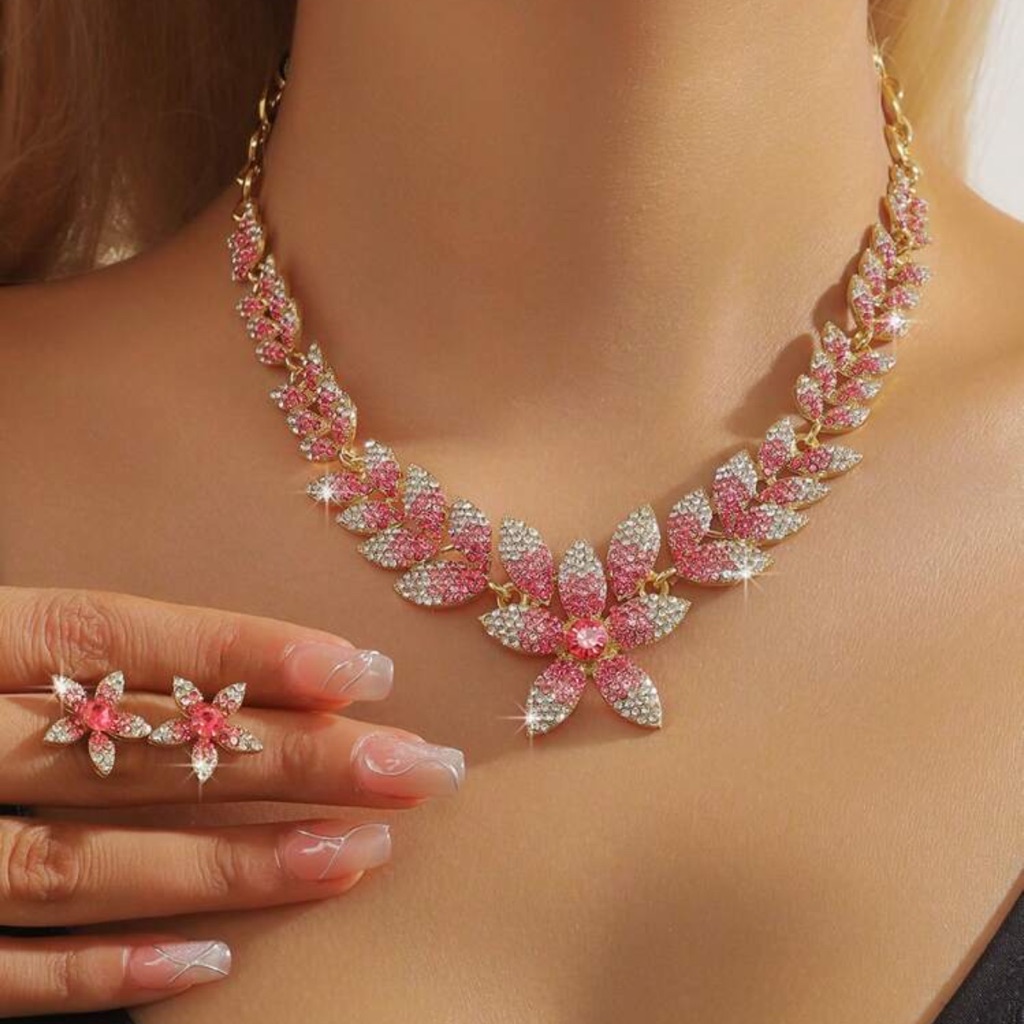 3pcs Peach Blossom Claw Chain Leaf Necklace Earring Jewelry Set, Full Diamond